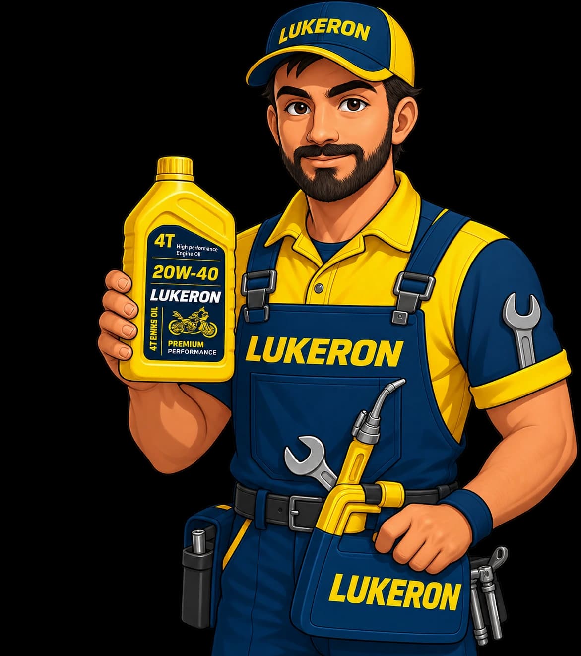 Lukeron mascot holding a bottle of Lukeron 4T 20W-40 engine oil