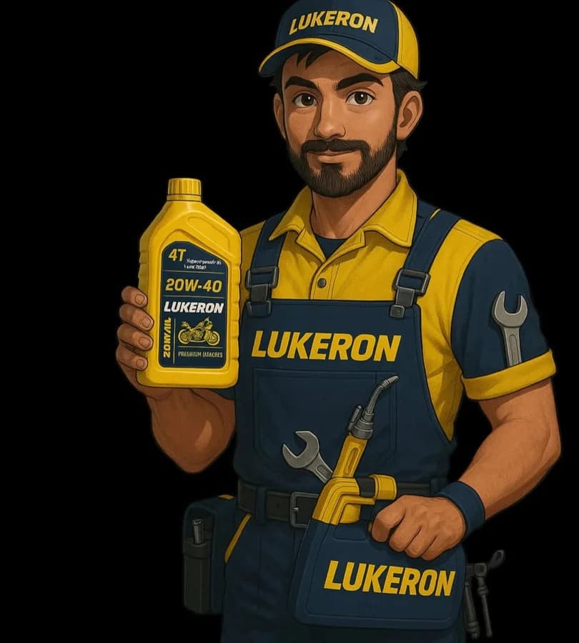 Lukeron mascot holding a bottle of Lukeron 4T 20W-40 engine oil