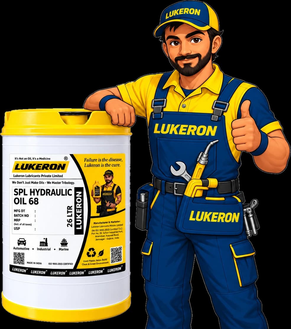 Lukeron mascot leaning on a 26 litre hydraulic oil drum