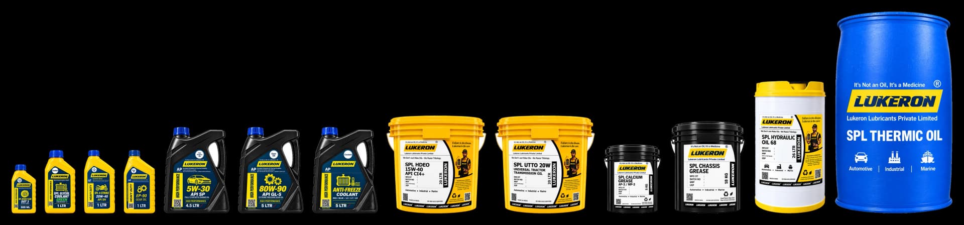 The Lukeron range, from 500 ml bottles to a 210 litre barrel