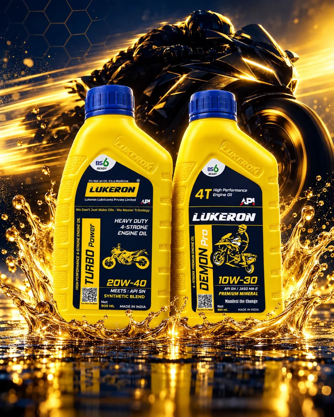 Lukeron Turbo Power 20W-40 and Demon Pro 10W-30 (SPL 4-Stroke) engine oil bottles in a golden oil splash, with a motorcycle behind